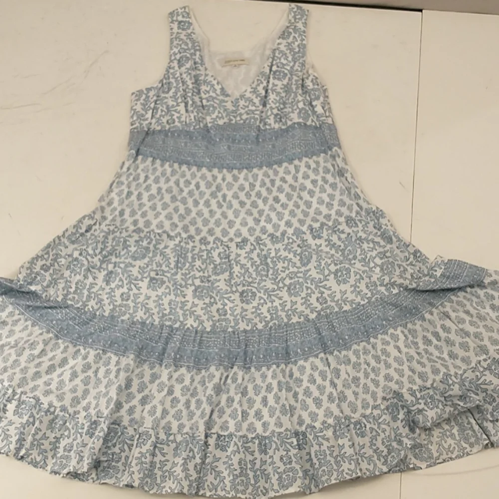 Cotton Block Print Summer Dress Wedgewood Blue & White Lined Midi Tiered Skirt - Picture 9 of 9